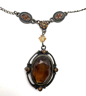 ROBERT ROSE BRONZE TONE NECKLACE, AMBER STONES & BEADS 18 in
