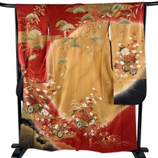 JAPANESE KIMONO FURISODE RED 159cm 5 ft 3 in PURE SILK B2669