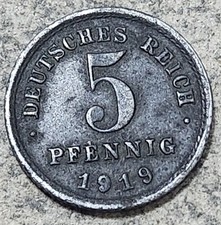 GERMANY 🇩🇪 FIVE PFENNIGS COIN 1919 E (MULDENHÜTTEN MINT / EMPEROR WILHELM II)