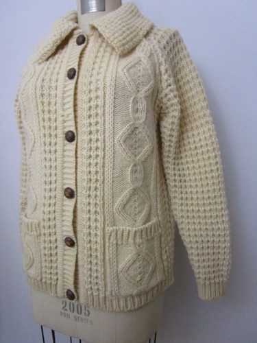 Vintage Irish Cardigan Chunky Fisherman Sweater Cable Pockets Leather Buttons, $62 - Photo 3