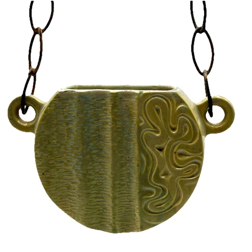 Brush McCoy Art Pottery Green Tan Hanging Planter w/ Chain - 7.5" L Vintage EUC