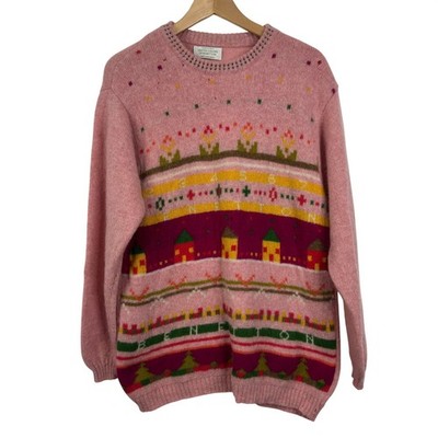 United Colors of Benetton Pink Shetland Wool Novelty Fair Isle Sweater Size M