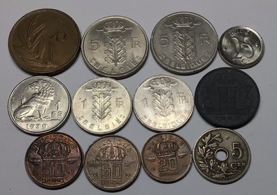 Belgium Lot 12 Different Belgian Type Coins 1906 - 1980 Old Coin Collection  