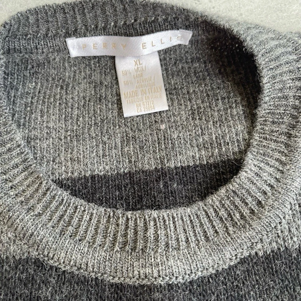Suéter Perry Ellis Mezcla de Lana Gris Tostado Rayas Slouchy Acogedor Abuelo XL Foto 4 de 4