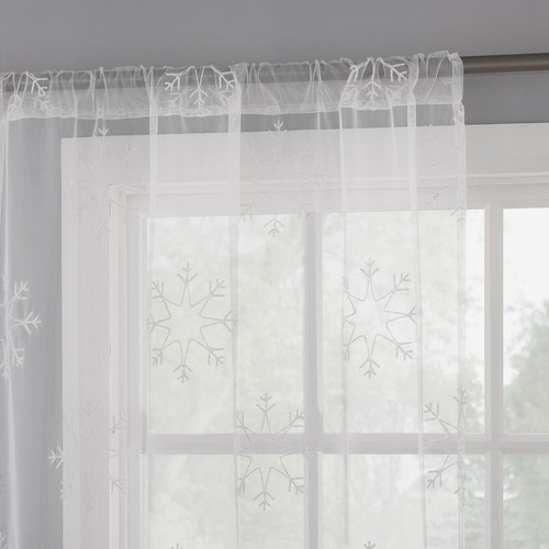Holiday Snowflake Embroidery Sheer Rod Pocket Curtain Panel, 36" x 84", White - Picture 2 of 7