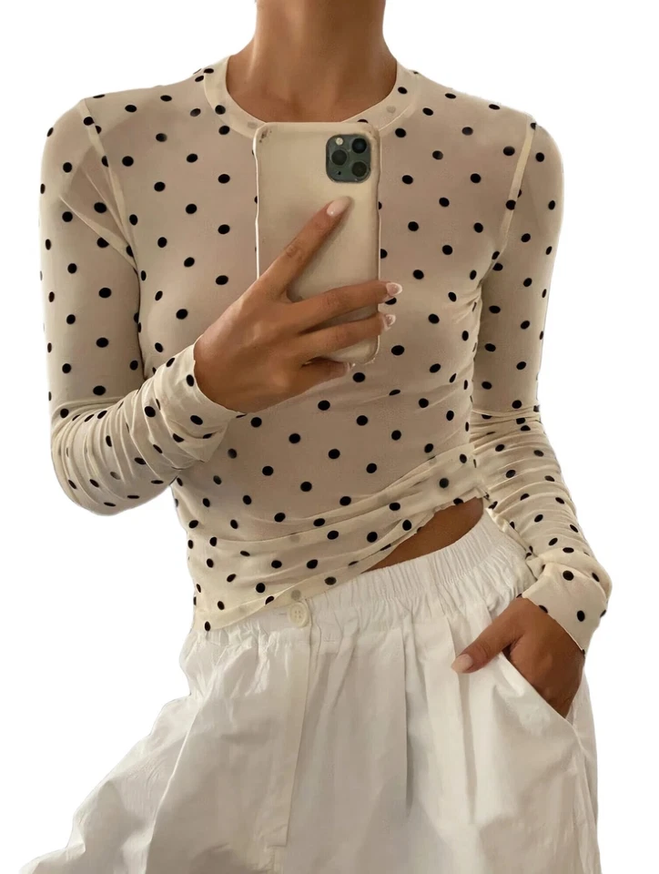MARKENLOS Damen Langarmshirt mit Rundhalsausschnitt, Polka Dot Perspective Mesh Slim 5244