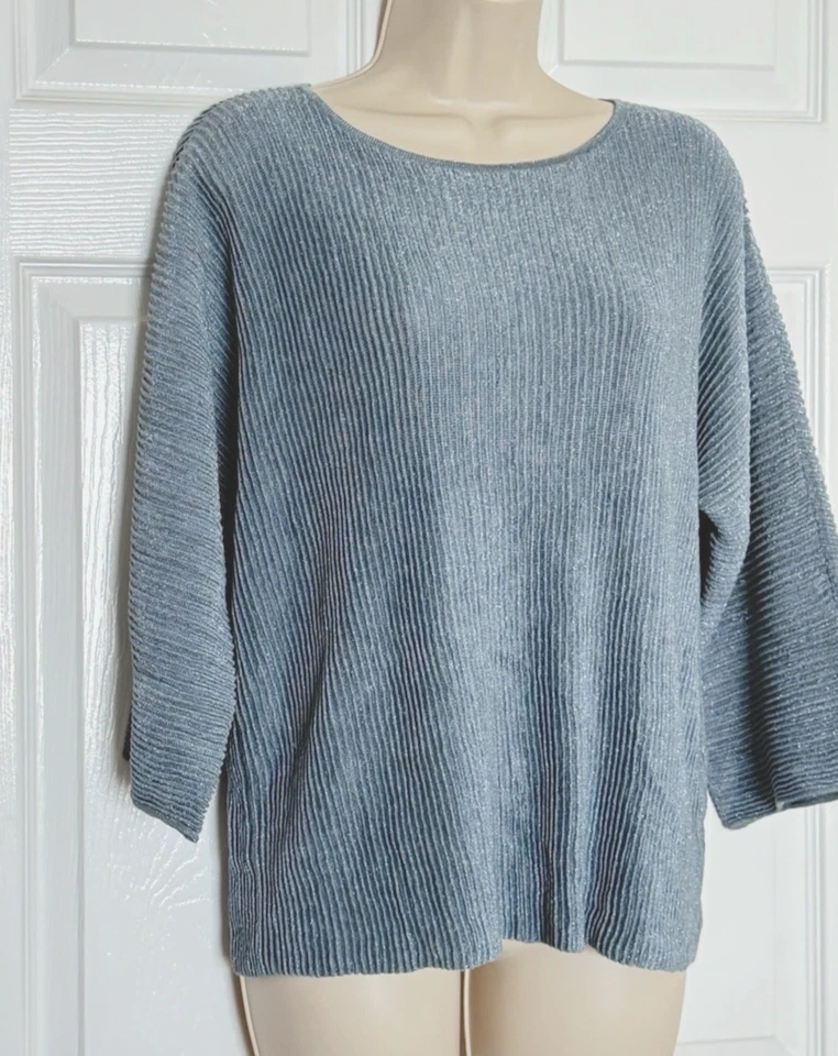 Suéter Tejido Cuello Barco Dobladillo Eileen Fisher Top Talla S Azul Brillante Silencioso Lujo Foto 3 de 4