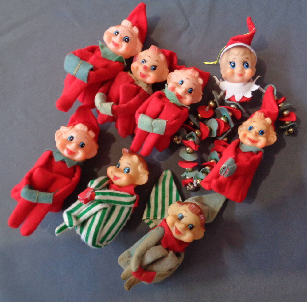 Vintage Japan Knee Hugger & Bead ELF LOT 8 Piece Takara 1960s Christmas Elves