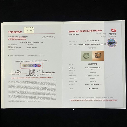 1.19 Cts CERTIFIED!!| natural loose|Sapphire | color change | Cushion Shape - Picture 2 of 5