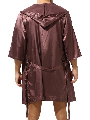 Mens Long Bathrobe With Shorts Sleepwear Shirt Hooded Nightgown Nightwear Set - Picture 22 of 90
