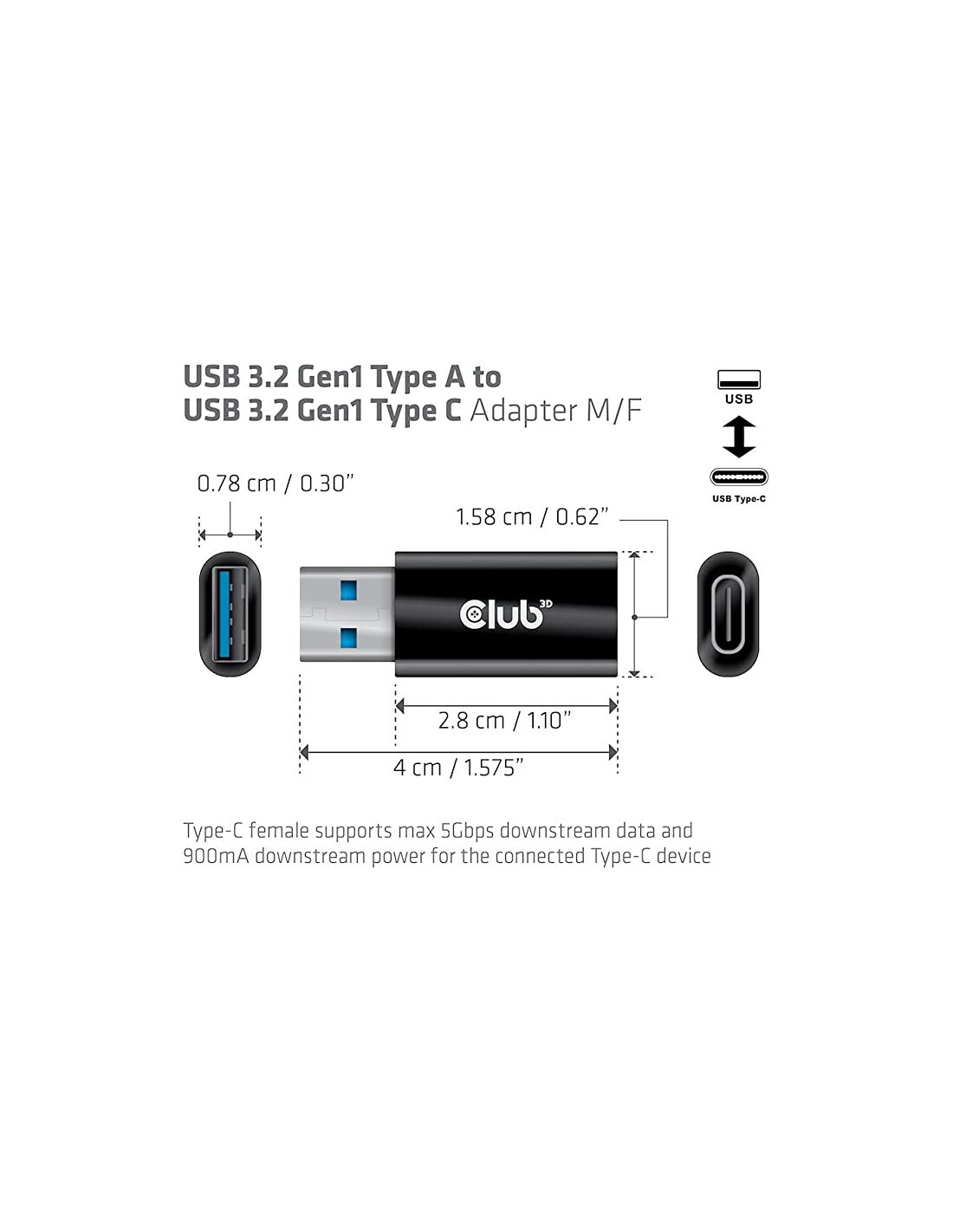 CLUB3D Adattatore Usb Type C 3.2 Gen 1 Female e USB 3,2 Gen 1 Type a Female