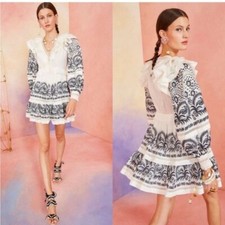 Ulla Johnson Bridget Embroidered Ruffle Tiered Mini Dress Boho Navy 2