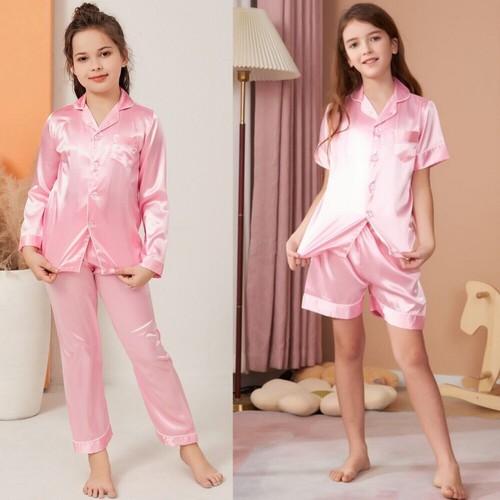 UK Boys Girls Silk Pyjamas Nightwear Top Pants Pjs Satin Sleepwear Outfits Kids - Picture 18 of 29