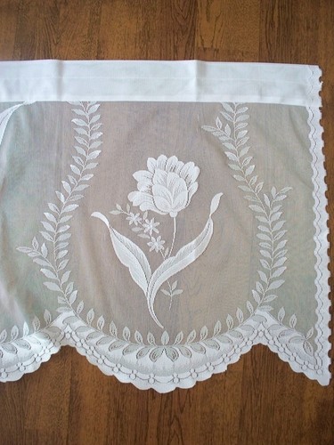 White Scalloped Valance ROSE Design Curtain VALANCE by Jubilee 58x18 - Picture 2 of 4