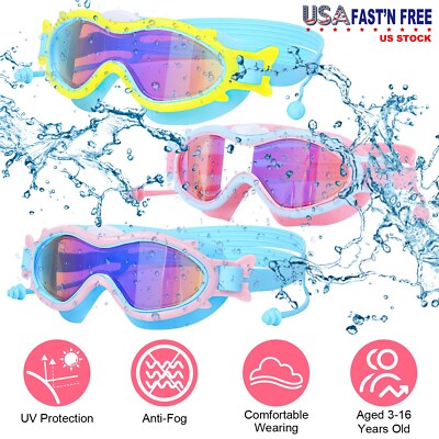 Swim Goggles with Ear Plugs Anti-Fog UV Protection Swimming For 3-16Years Old