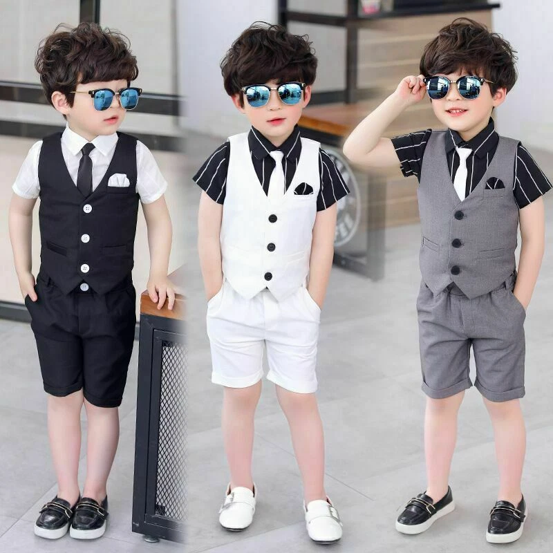 4PCS Kid Boy Vest+Shirt+Shorts+Necktie Formal Wedding Party Show