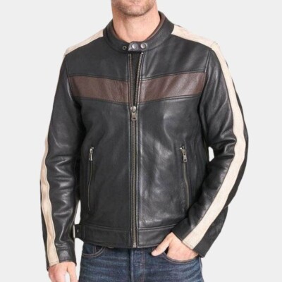 Men's vStripped Asymetrical Leather Cafe Racer Biker Jacket