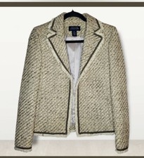 JONES NEW YORK SIGNATURE Olive  Cream Wool Blend Tweed Fringe Blazer Jacket 6