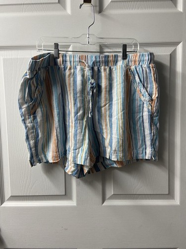 Briggs Shorts Womens Size XL Blue Stripe Elastic Waist w Tie Linen Pockets - Picture 2 of 6