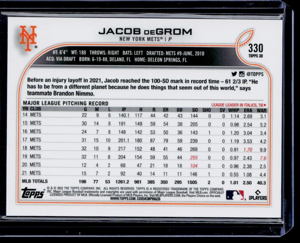 2022 Topps 3D #330 Jacob deGrom - Image 2 of 2