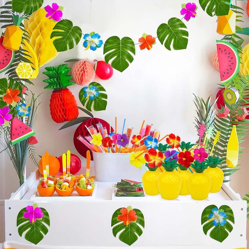 12PCS Pineapple Cups, Plastic Pineapple Cups with 12 Flower Straws and