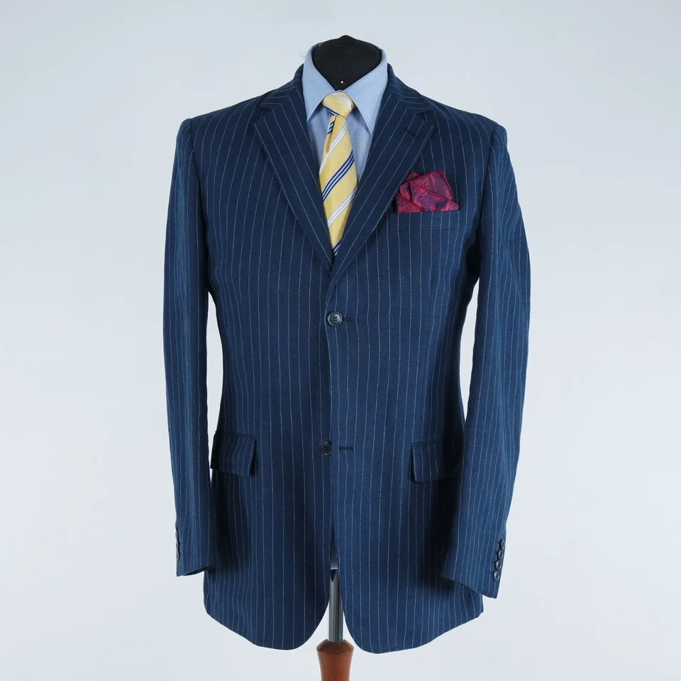 Mens Summer Striped Blazer 44L UK Size H&M Blue Linen Sport Coat Jacket - Image 4 of 4