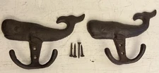 2 Whale Double Towel Hook Nautical Beach Pool Decor Rustic Cast Iron Home EUC!