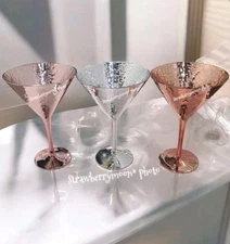 x2 Tommy Bahama Pink METALLIC Hand HAMMERED LOOK REFLECTIVE MARTINI GLASS SET