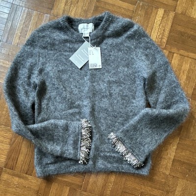 H&M Edition Gray Mohair Wool Knit Beaded Fringe Pullover Sweater Women S
