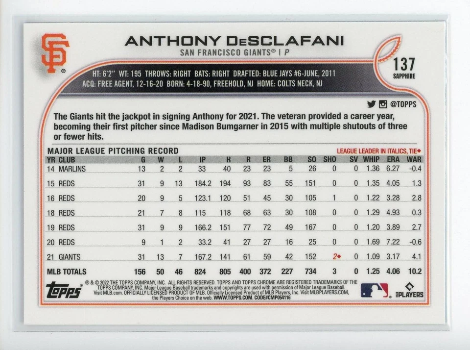 2022 Topps Chrome Sapphire Edition #137 Anthony DeSclafani - Image 2 of 2