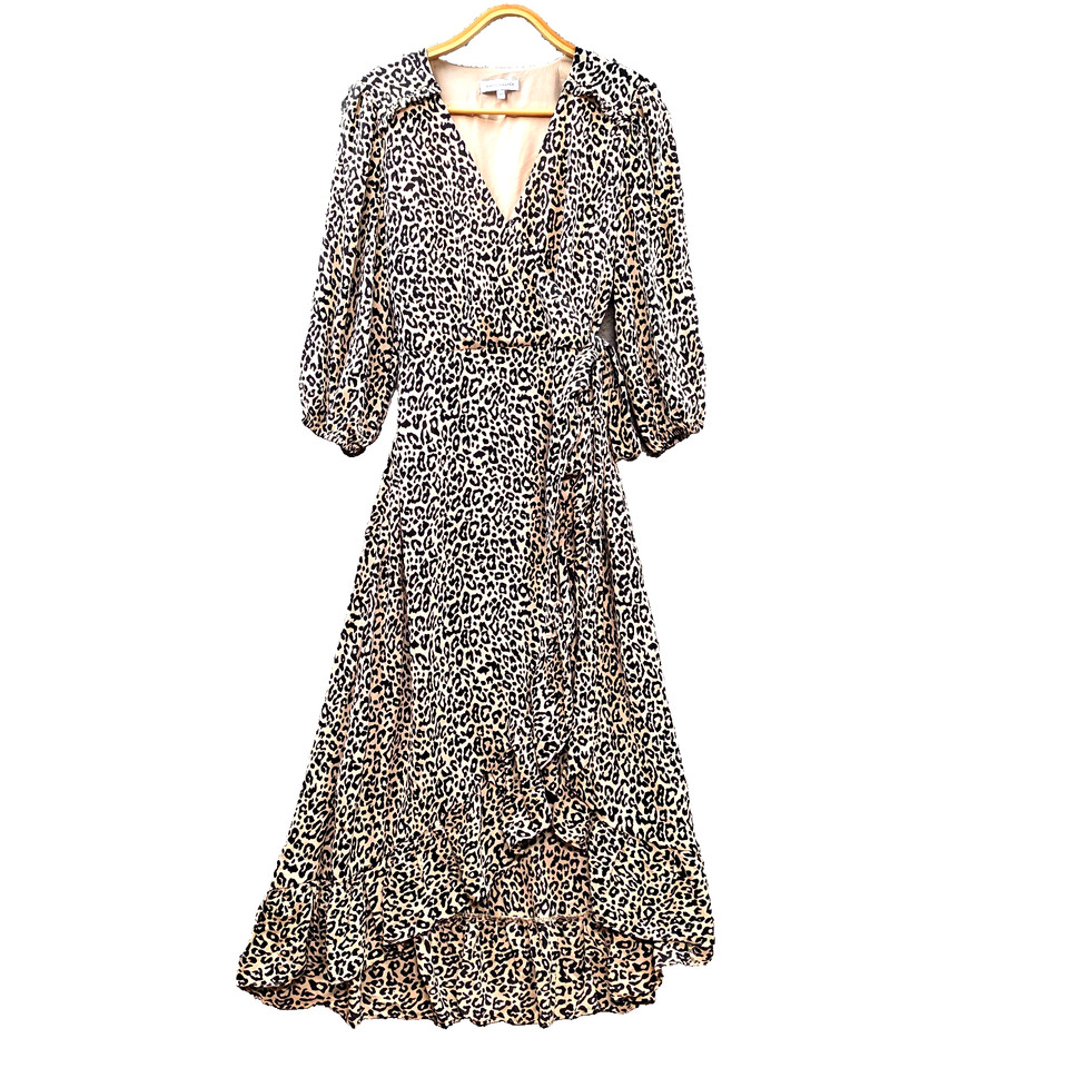 Cooper St Dress Womens A-line Wrap Midi Size 12 Beige Black Animal Print V-Neck