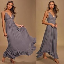 Free People Adella Maxi Dress Crochet Lace Slate Grey Purple Boho Sexy Sz L