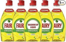 Fairy Lemon Washing Up Liquid 320ml x5 Bottles Powerful Grease Cutting 5.93 per litre