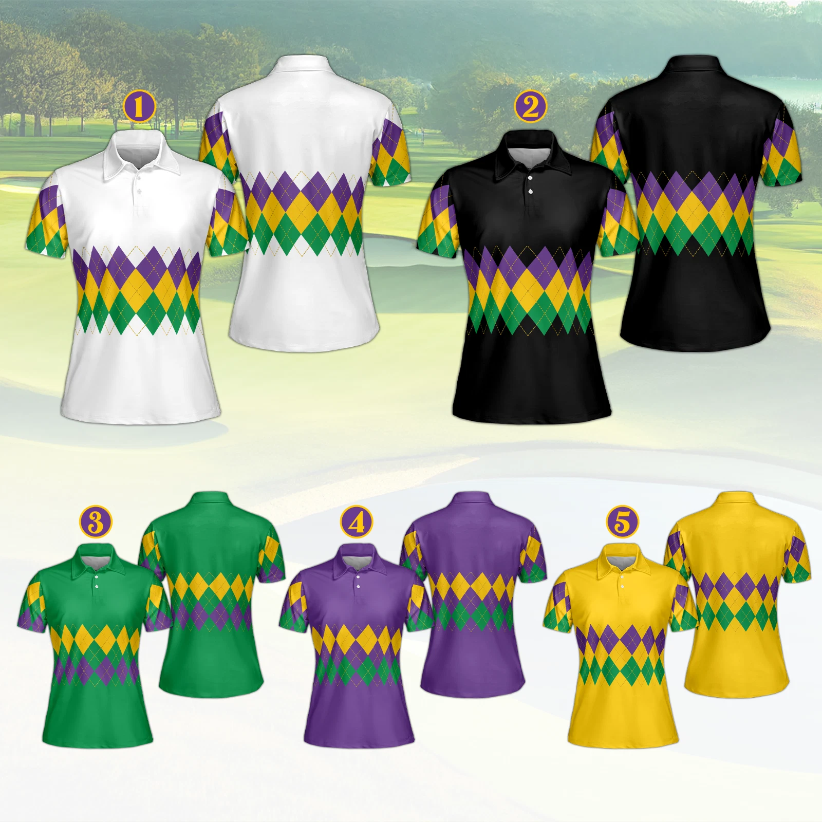 Mardi Gras Polo Shirt Women Argyle Golf Top Purple Green Gold Carnival Party Tee