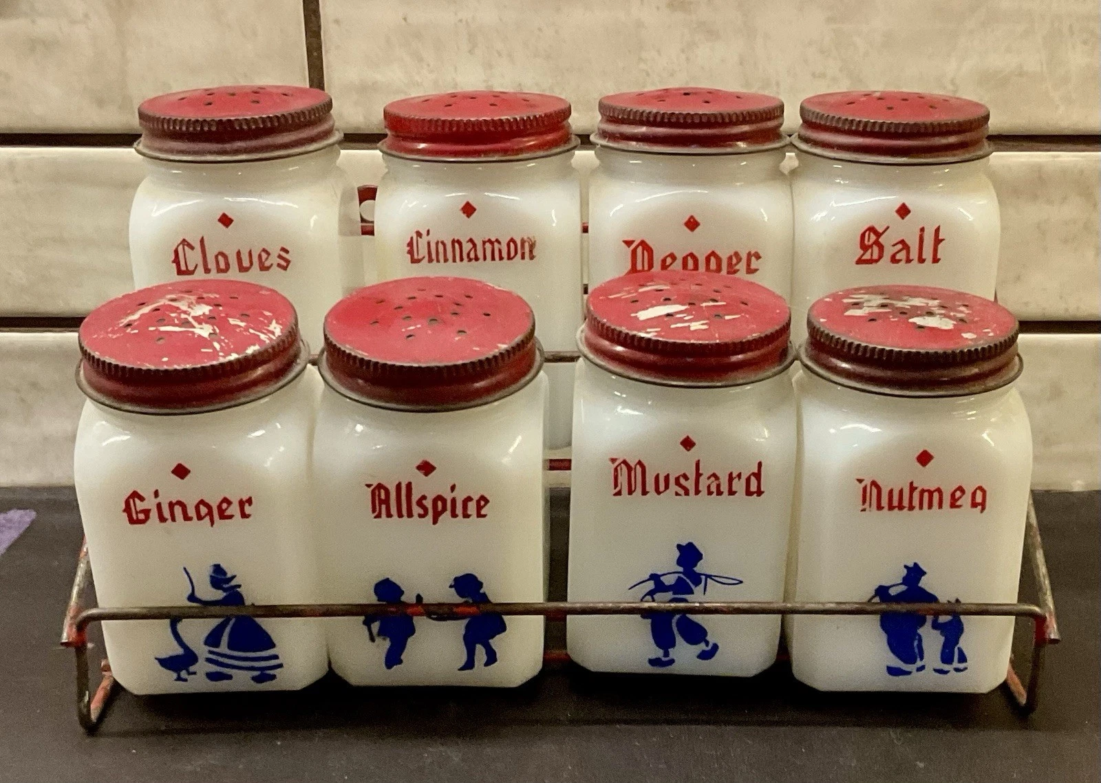 Vintage Hazel Atlas Milk Glass Spice Shaker Jar Set Dutch Theme Metal Rack 1950s