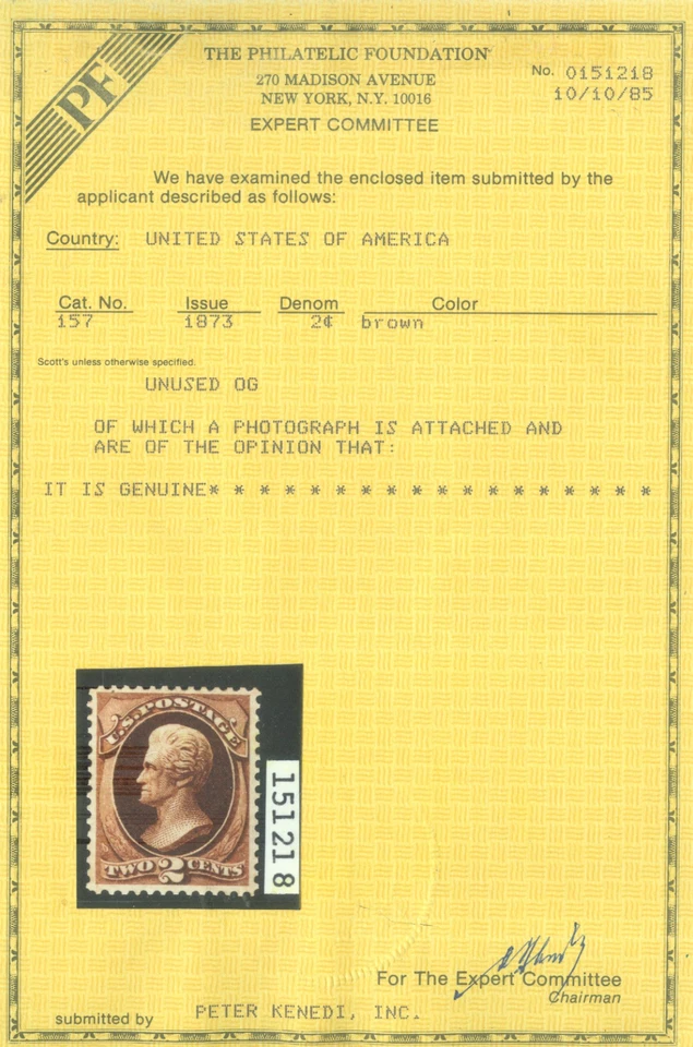 US 1873 Andrew JACKSON 2c brown Scott # 157 mint MH VF/XF w/cert. - Image 3 of 4