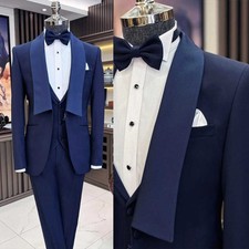Men Navy Blue Suit Single Breasted Jacket Shawl Lapel Business Party Wedding