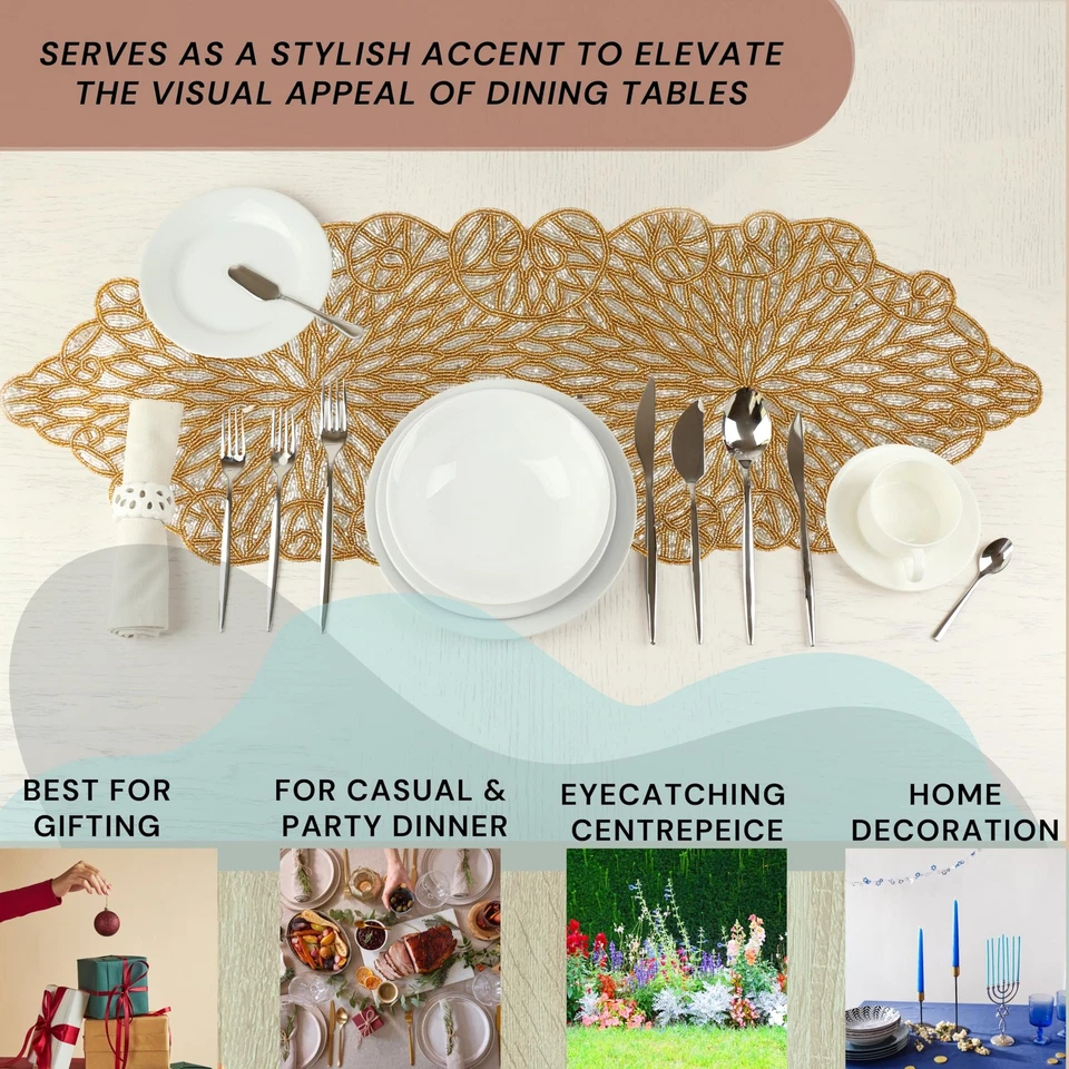 金属珠桌旗 13x36 英寸 - 玻璃串珠和涤纶手工... — 第 4/4 张图片