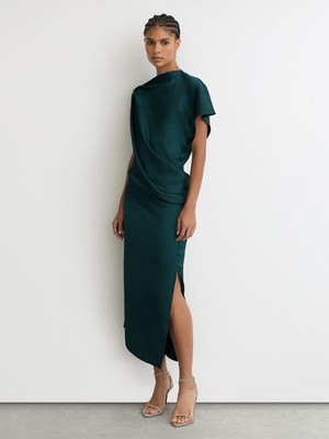 REISS Kenzie asymmetrisches drapiertes Satin-Midikleid türkisgrün UK-Größe 14