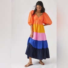 Farm Rio Anthropologie Colorblock Puff Sleeve Maxi Dress sz M
