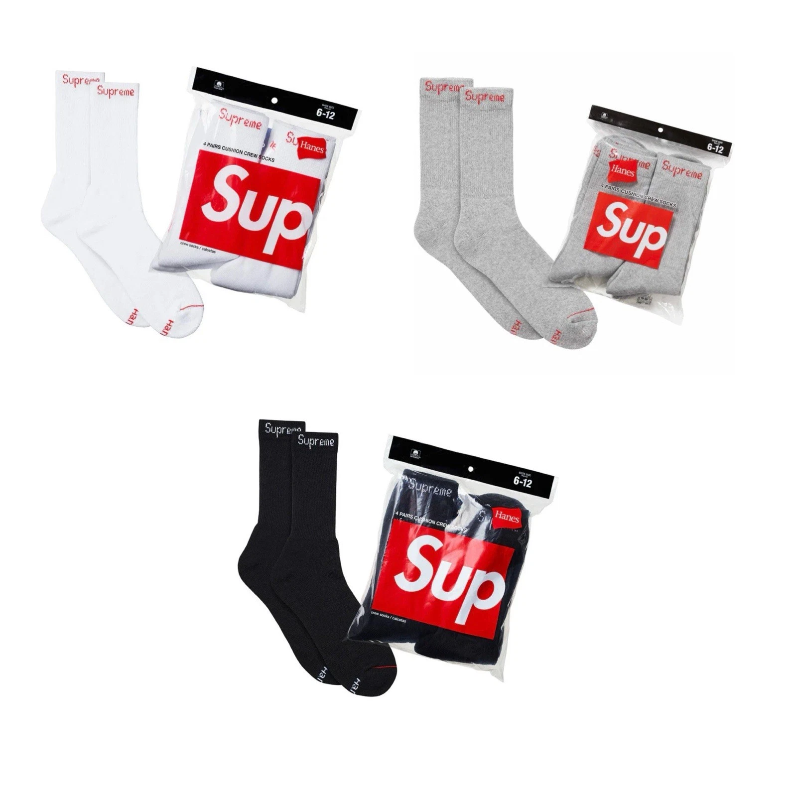 SUPREME SOCKS/ HANES BLACK, WHITE, GRAY / THREE PAIRS / AUTHENTIC/ NEW