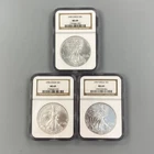 3 NGC MS69 US 1ozt .999 Silver Eagle $1's 1995,1996.1997 w/spots L24600