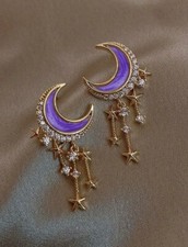 Gold Purple Moon And Star Earrings