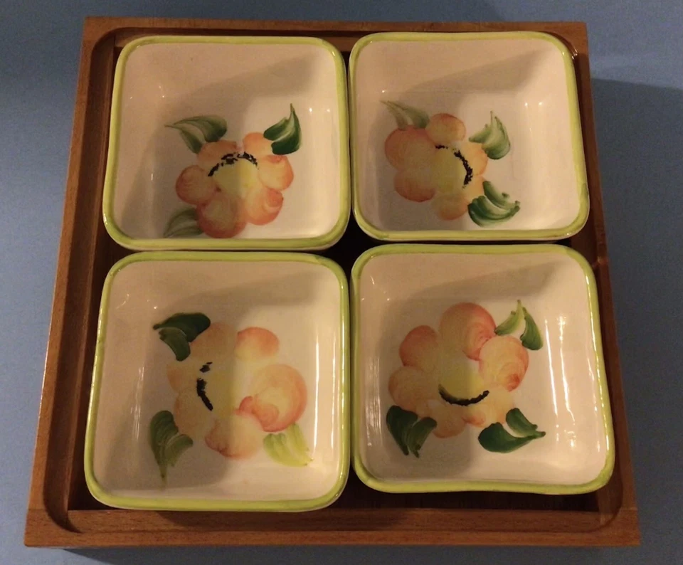 Vintage Hand Painted Ceramic Service Dishes Japanese Wood Tray Set - Image 4 of 4