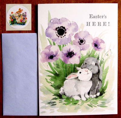 One Current Easter Greeting Card, Env. & Seal - Bunnies Snuggling Under Flowers