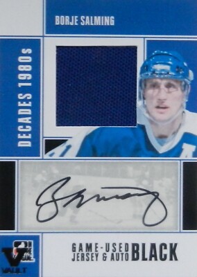 10-11 itg decades 1980s black borje salming leaf game-used jersey autograph auto