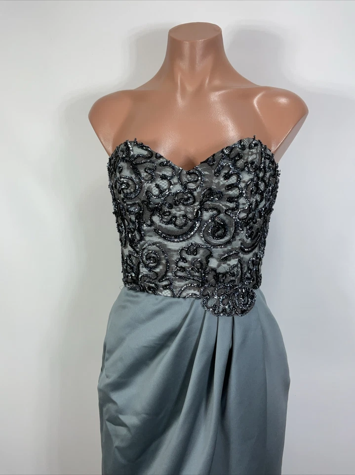 Vintage 80s Victor Costa Gray Satin Lace Embellished Strapless Evening Gown 2 - Image 4 of 4