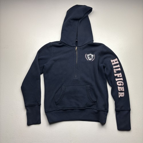 Tommy Hilfiger Girls Womens Small Navy Hoodie Pullover Zip Crest Kangaroo - Picture 1 of 5