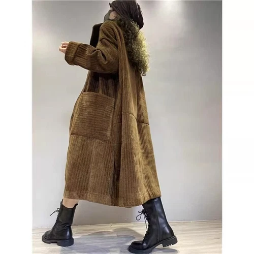 Womens Single Breasted Lapel Collar Corduroy Trench Coat Warm Liner - Bild 4 von 6