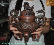 11"China Buddhism temple bronze Dragon lion Foo dog Incense burner Censer statue